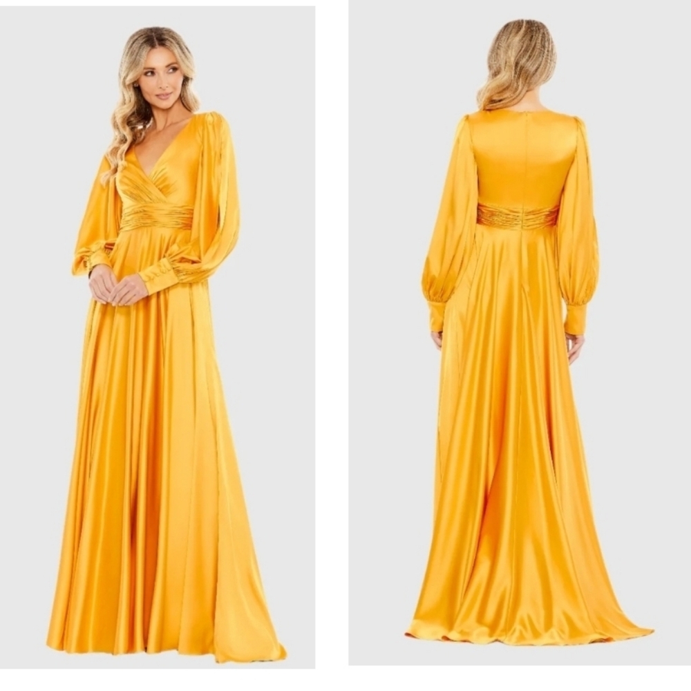 NWT Ieena for Mac Duggal Yellow Split Bishop Sleeve Wrap Over Flowy Gown SZ 8
